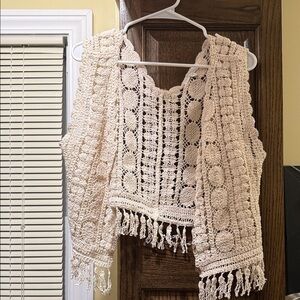 Cream Crochet Fringe Vest